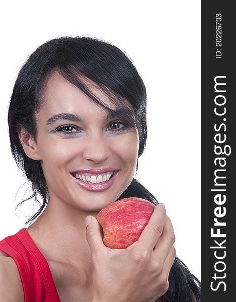 Beauty brunette with apple isolated