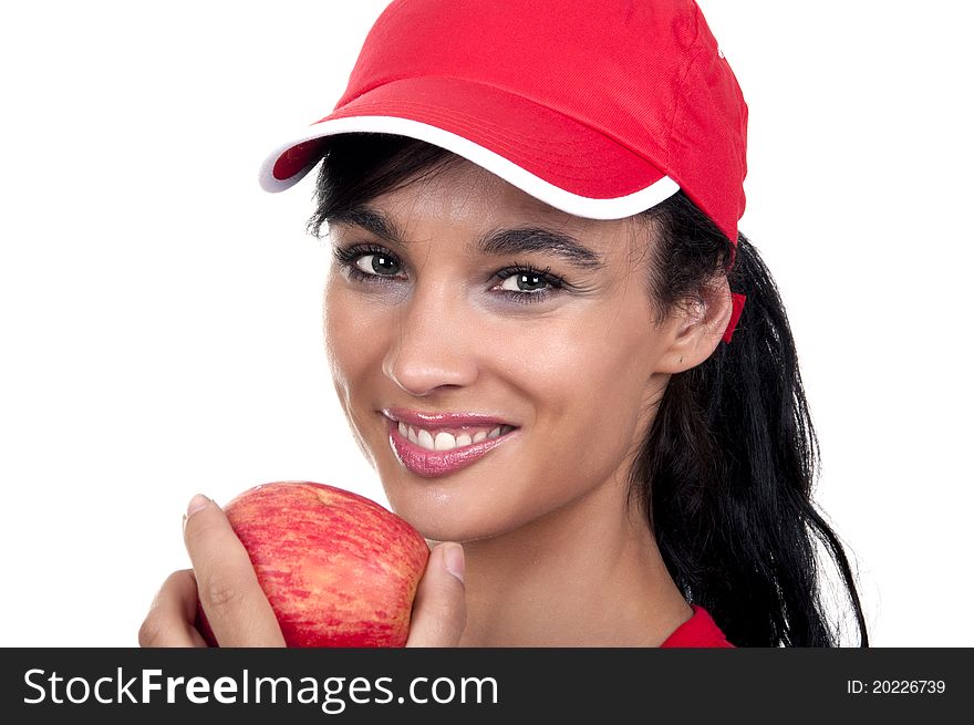 Brunette with red apple isolated