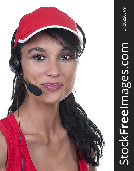 Brunette with red hat operator isolated