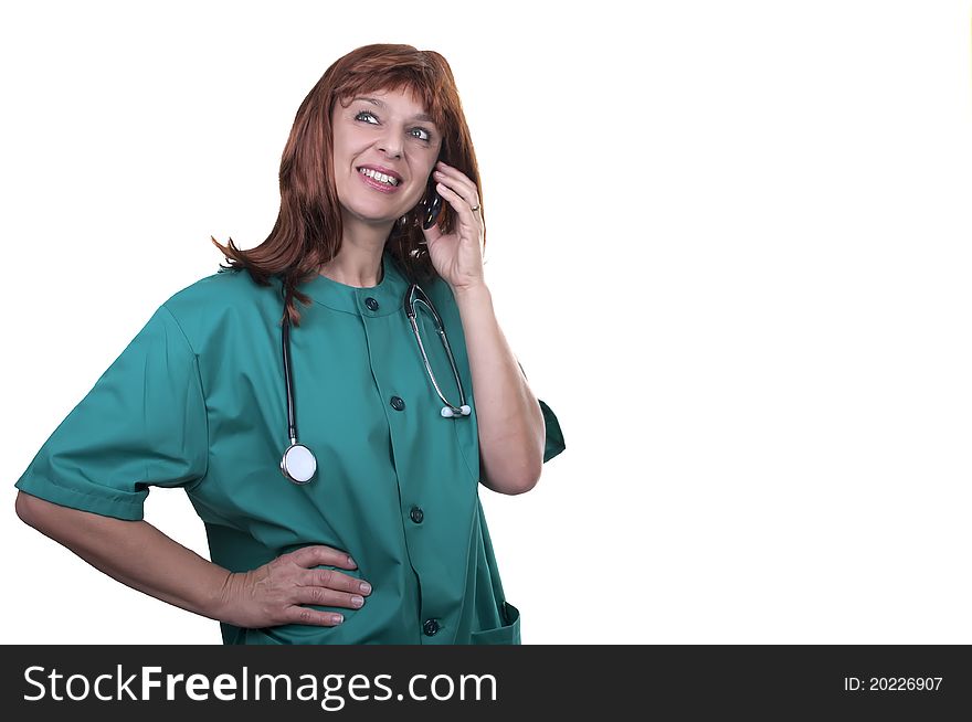 Redhead woman doctor with telephone