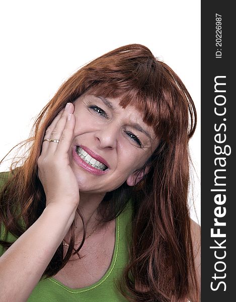 Redhead woman with toothache on white background