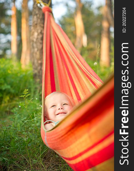 Adorable Baby Rest In Hammock Under Trees