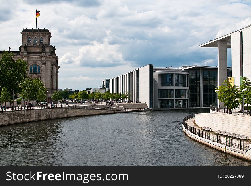 Paul-Löbe-Haus and reichstag from bridge in berlin. Paul-Löbe-Haus and reichstag from bridge in berlin