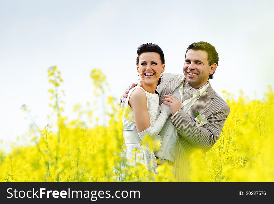 Newly-married couple in a field. Newly-married couple in a field