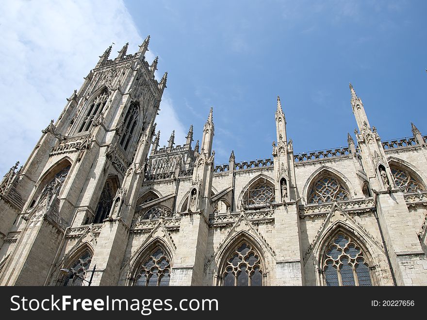 A South View of a Tower of York Minster under a summer sky. A South View of a Tower of York Minster under a summer sky