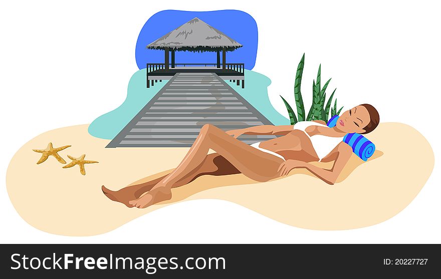 Illustration of a woman chilling out on the beach. Illustration of a woman chilling out on the beach