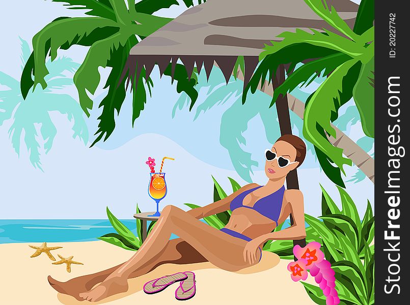 Illustration of a woman chilling out on the beach. Illustration of a woman chilling out on the beach