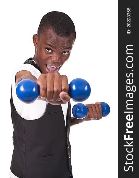 Black young man lifting weights