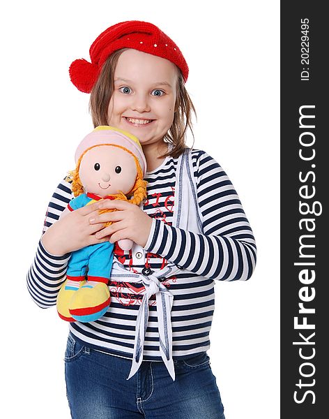 The girl and a doll isolated on white background