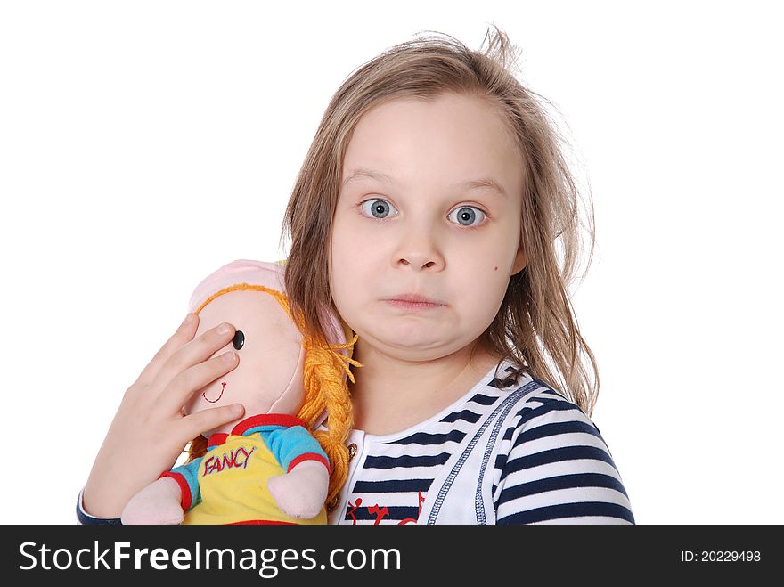 The girl and a doll isolated on white background