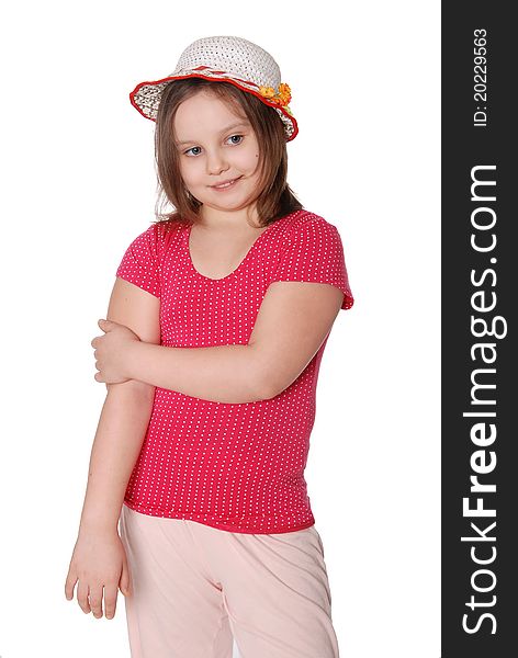 Portrait of little girl wearing a hat ans smiling isolated on white background