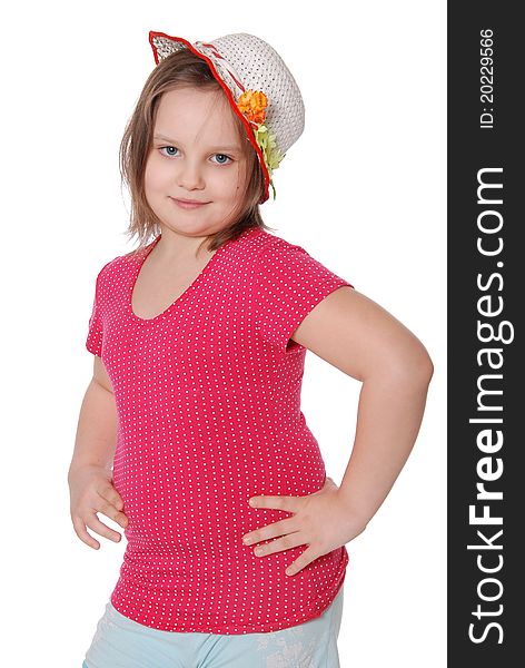 Portrait of little girl wearing a hat ans smiling isolated on white background