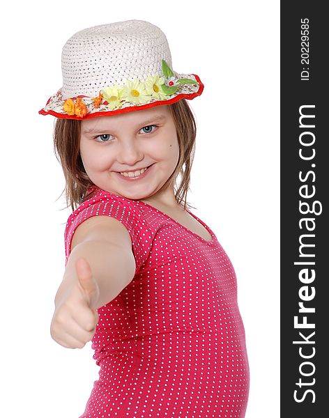 Portrait of a beautiful and confident girl showing thumbs up isolated one white