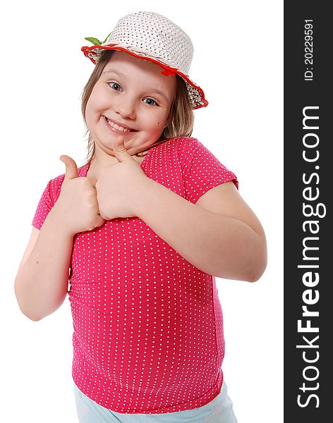 Portrait of a beautiful and confident girl showing thumbs up isolated one white