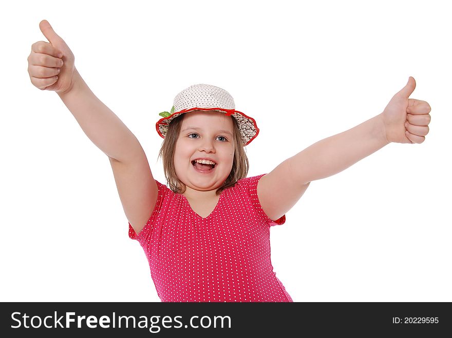 Portrait of a beautiful and confident girl showing thumbs up isolated one white