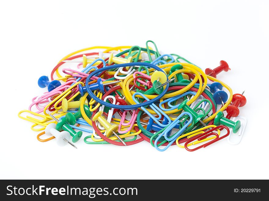 A group of colorful office supplies against a white background