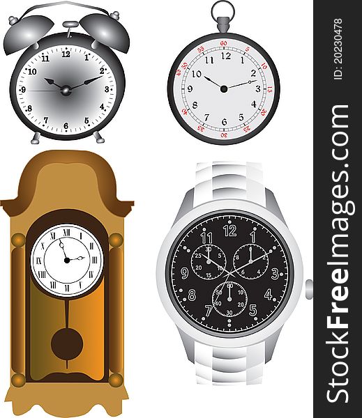 Alarm clock, pocket clock, wall clock and a watch. Alarm clock, pocket clock, wall clock and a watch