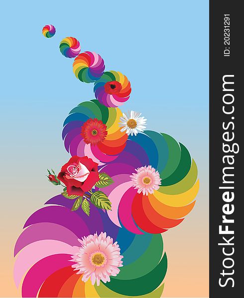 Abstract rainbow design with flowers