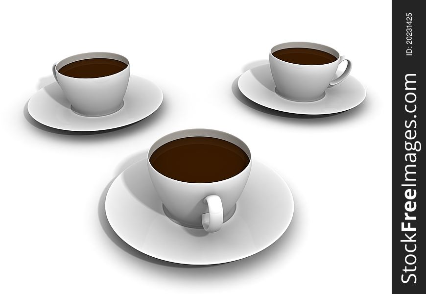 Three cups of coffee on white background 3d