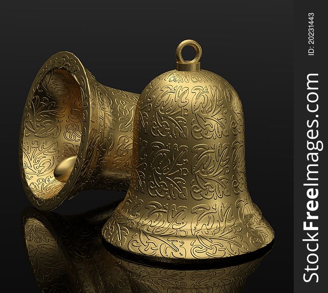 Computer generated image tow golden bell with black  background. Computer generated image tow golden bell with black  background