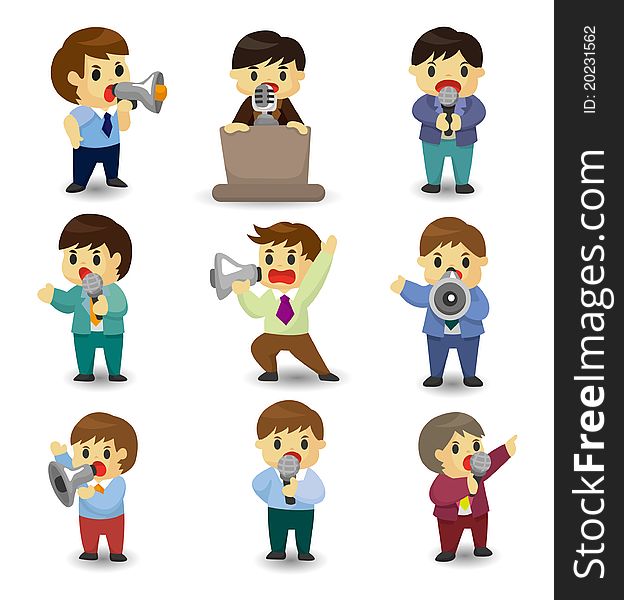 Set of funny cartoon office worker talk with Microphone and speaker, drawing