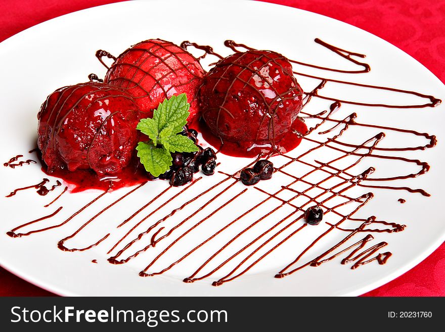 Berry Fruit Ice Cream Served On The White Plate