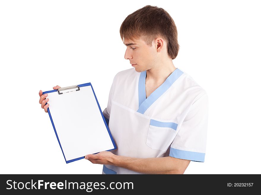 Medical doctor holding clipboard isolated on white background