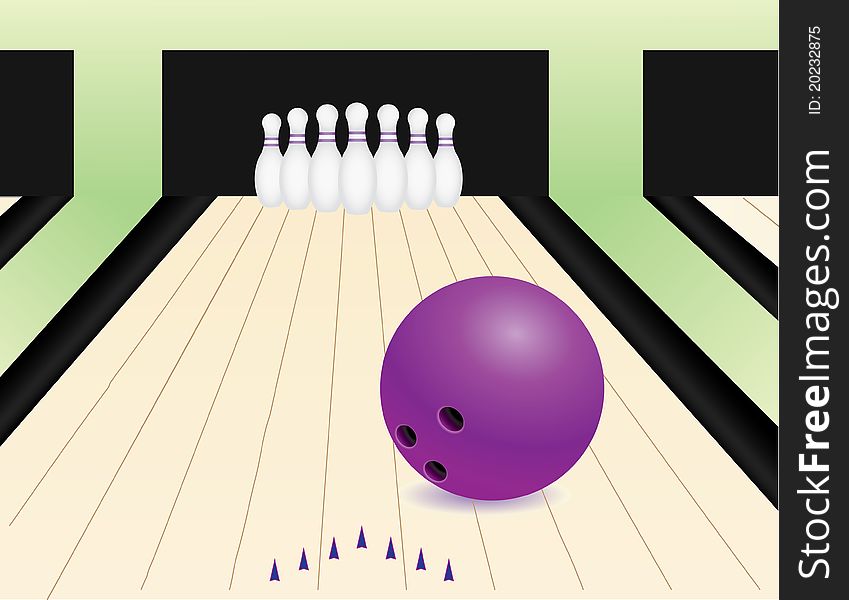 Bowling alley with the ball and pins