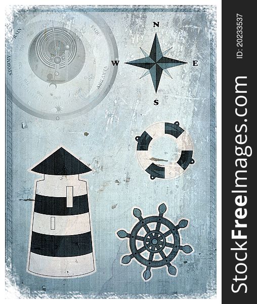 Marine set - lighthouse, life preserver, anchor, wind rose. Marine set - lighthouse, life preserver, anchor, wind rose