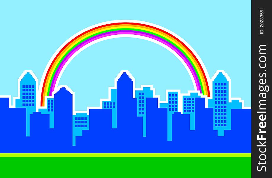 Blue silhouette of city with rainbow