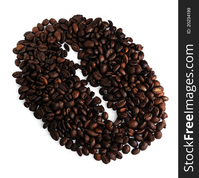 Pile of roasted coffee in â€œBig Coffee Beanâ€  shape isolated on a white background.