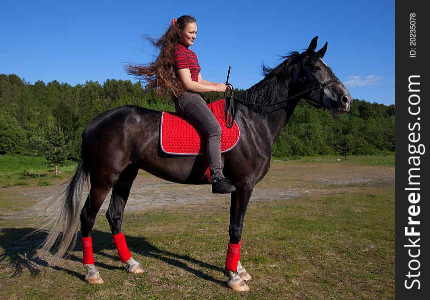Beautiful girl with brown hair on a black horse