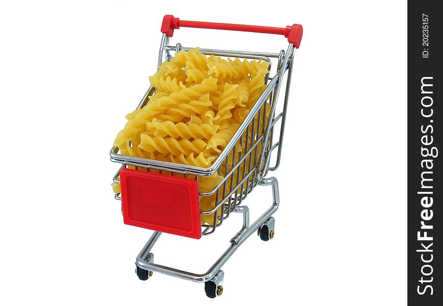 Pasta in a shopping trolly on a white background