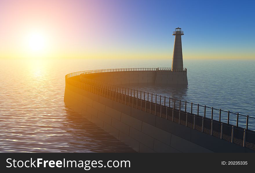 Seascape with a lighthouse and sun