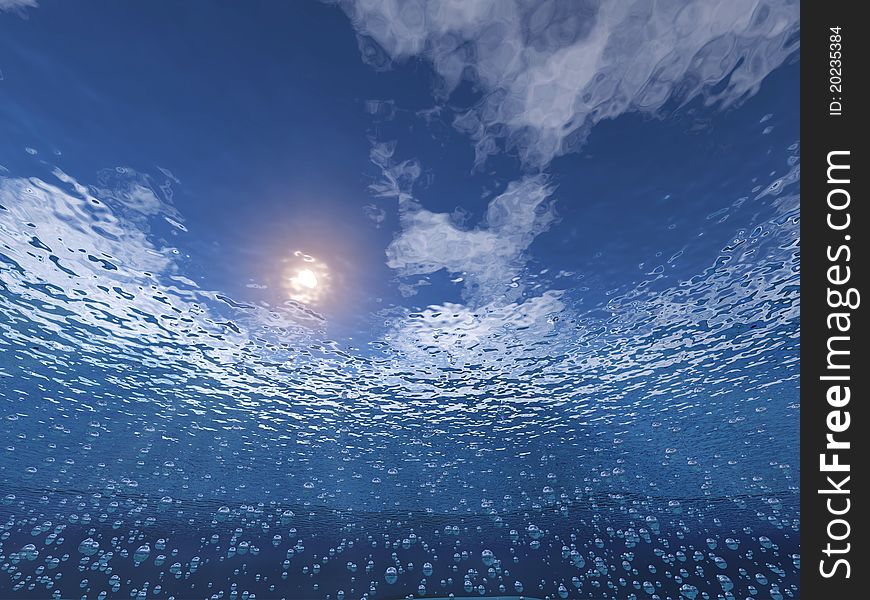 Underwater light scene, sun and bubbles