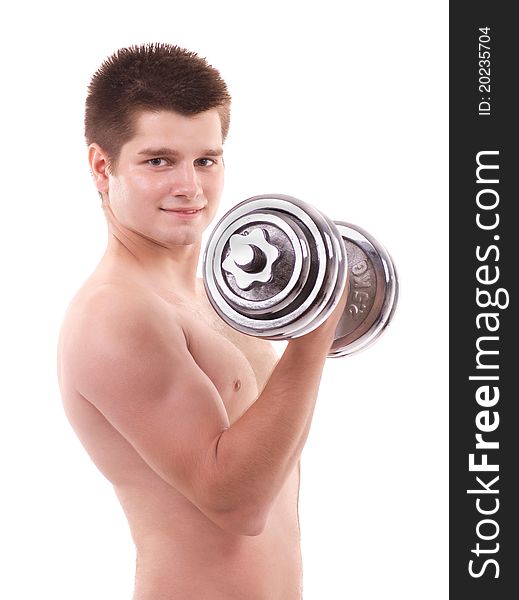 Muscular man lifting weights isolated on white