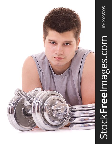 Portrait of a young and healthy man with dumbbell. Portrait of a young and healthy man with dumbbell