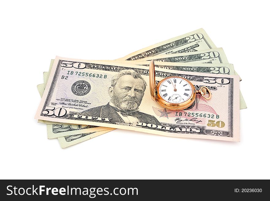 Dollars and  gold watch on a white background