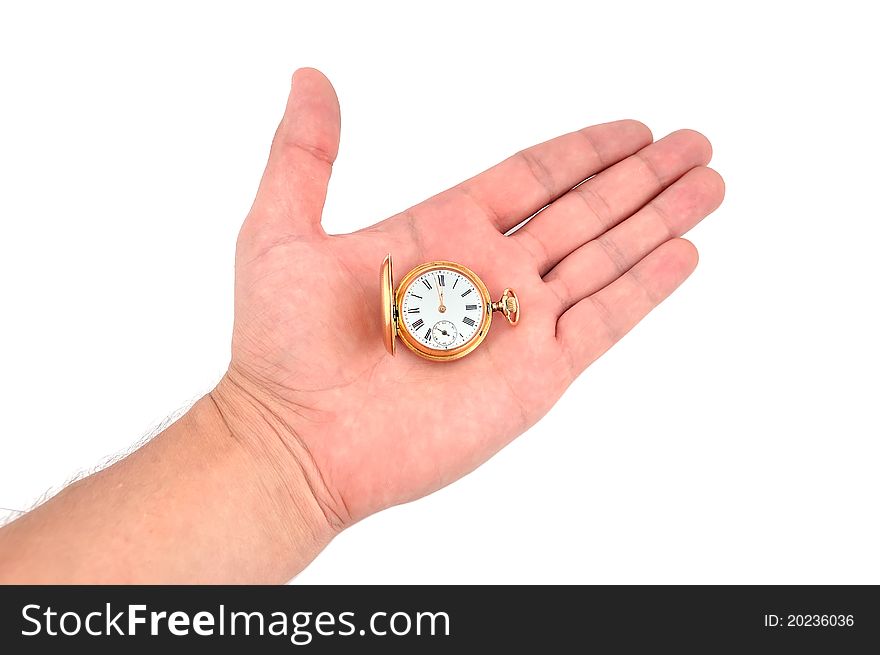 Gold watch in hand on a white background