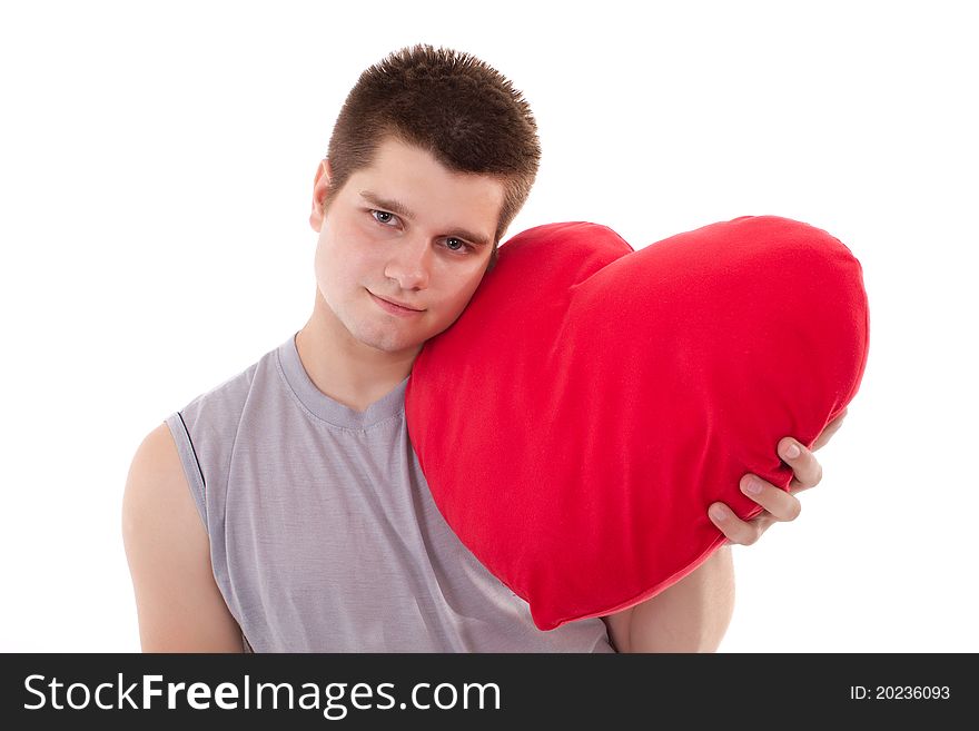 Young healthy men hold hearts