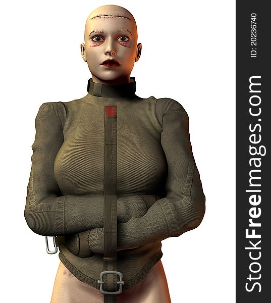 3D rendering of a bald woman in a straitjacket