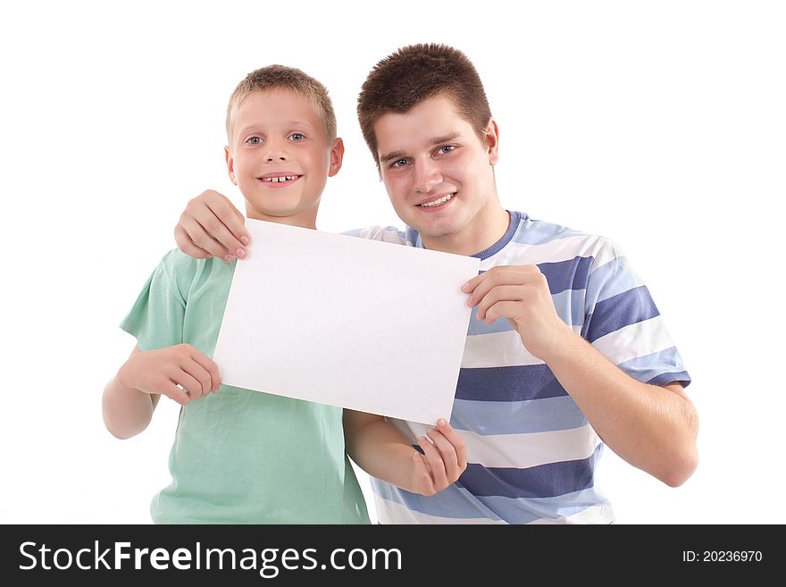 Boy and men holding a billboard. Boy and men holding a billboard