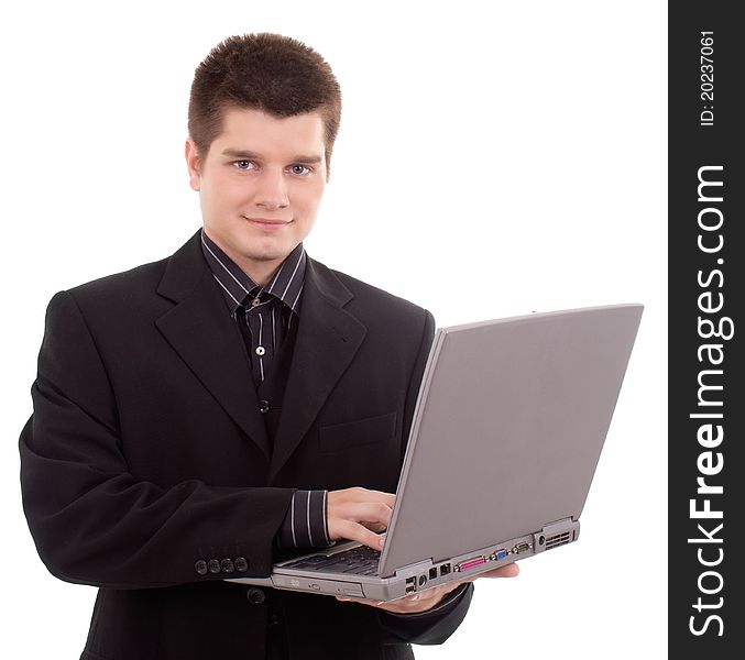 Happy business man holding laptop on white