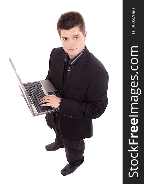 Business Man Holding Laptop On White