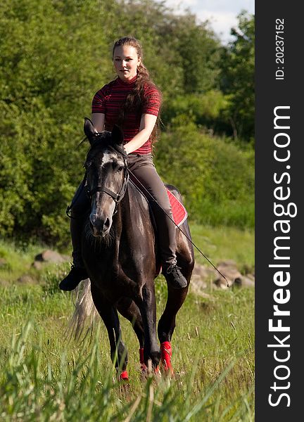 Girl astride a horse galloping on a background of green wood. Girl astride a horse galloping on a background of green wood