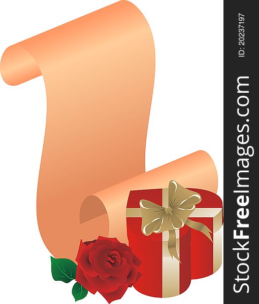 Rose and gift on the background of a congratulatory scroll, . Rose and gift on the background of a congratulatory scroll,