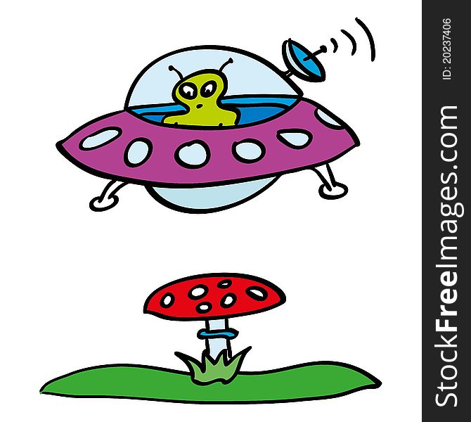 Sketch picture of alien in ship and mushroom. Sketch picture of alien in ship and mushroom