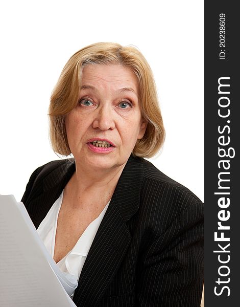 Senior Woman in black suite on white background. Blond hair. Shot in studio. Senior Woman in black suite on white background. Blond hair. Shot in studio.