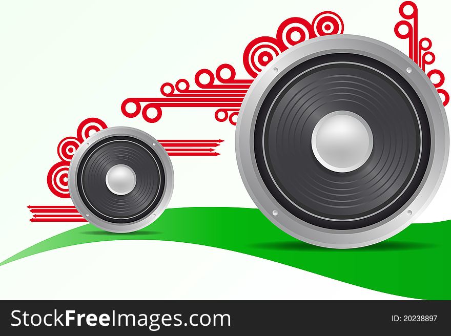 Illustration of loudspeaker with arrow and circle