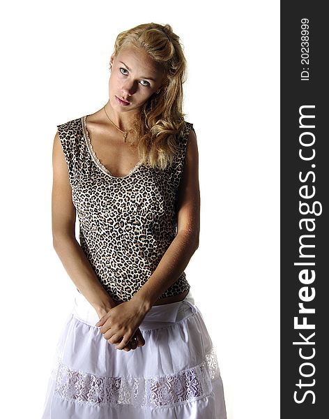 Blond in leopard shirt isolated white